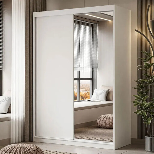 Sliding door wardrobe CAMARO II in matt white with one mirrored door