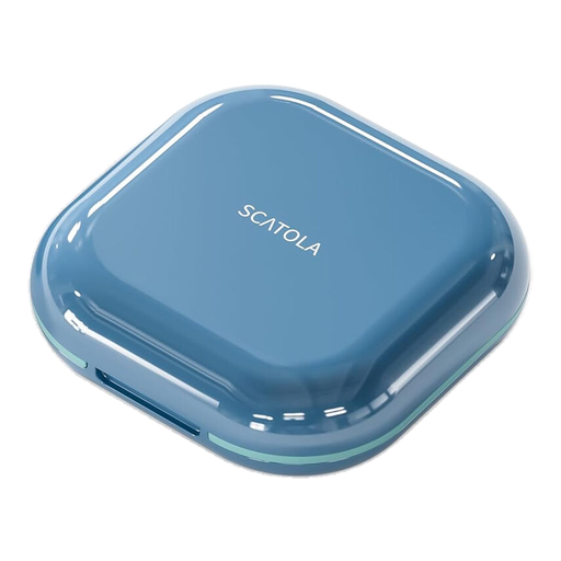 A small, square blue pill case with four compartments
