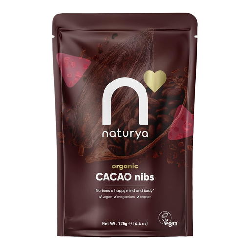 Naturya Organic Cacao Nibs 125g; product wording also mentions powder