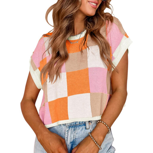 Women's Cap Sleeve Crop Tops Summer Color Block Going Out Crew Neck Knit Trendy Casual Sweater (Orange, M)