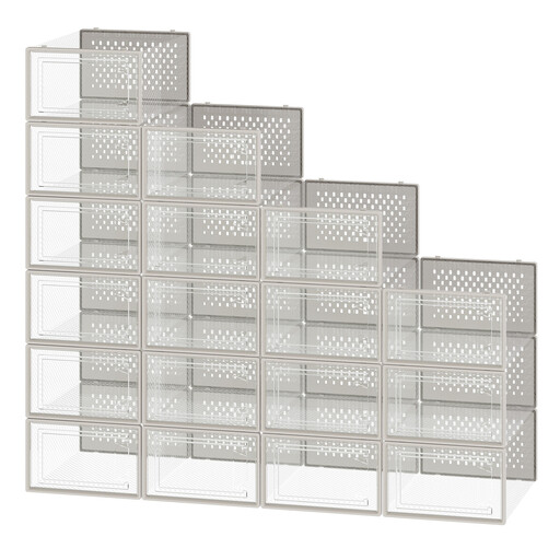 JOYFURNOS Stackable Shoe Boxes, Pack of 18, Transparent and Beige