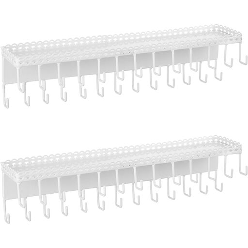 MyGift Set of 2 White Metal Wall-Mounted Jewelry Hanging Shelf with 26 Necklace Hooks