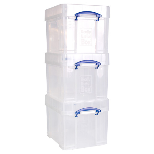 Really Useful Stackable Plastic Storage Box 35L with XL Lid Clear (Pack of 3)