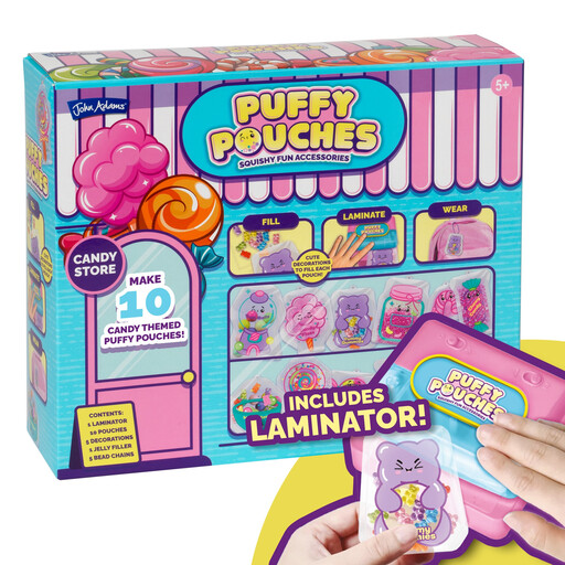 Puffy Pouches 糖果店套装，展示了塑封机和手工材料