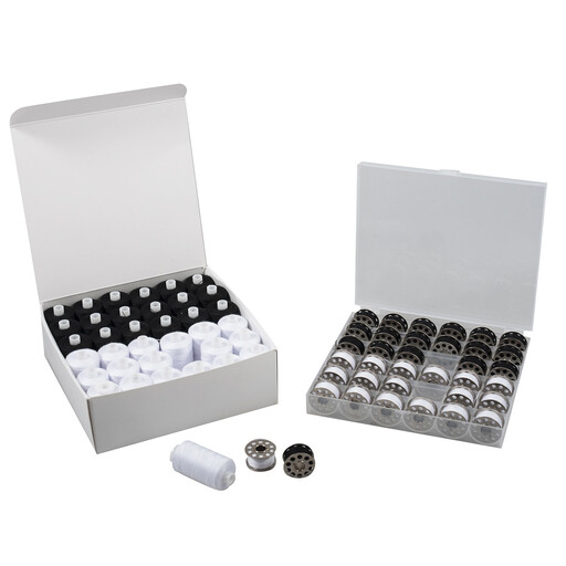 Trimits Sewing Thread & Bobbin Set in black and white, organised in a clear plastic case