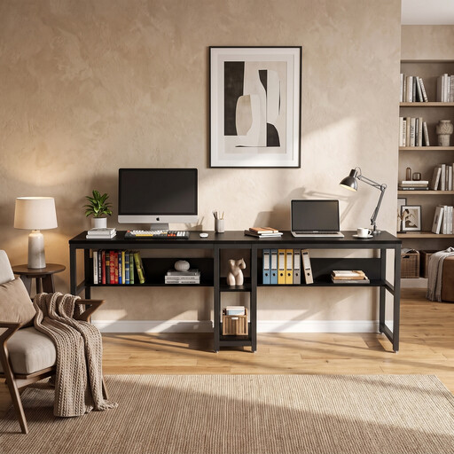 200cm 2-Person Desk, Double Computer Desk with Bookshelf