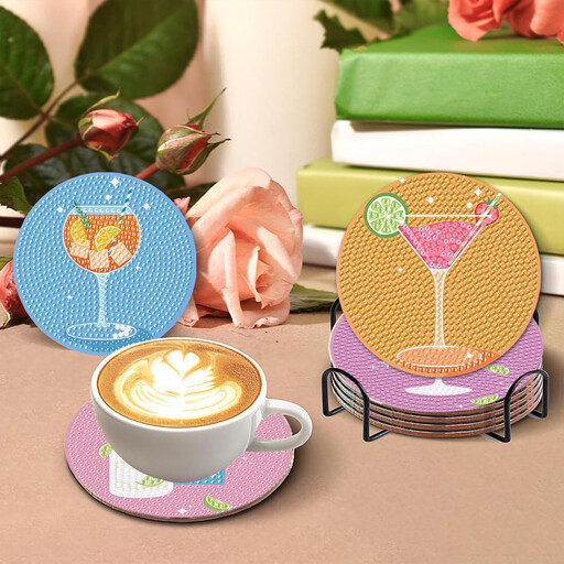 An image of a set of eight diamond painting coasters with colourful cocktail designs, displayed in a black metal stand.