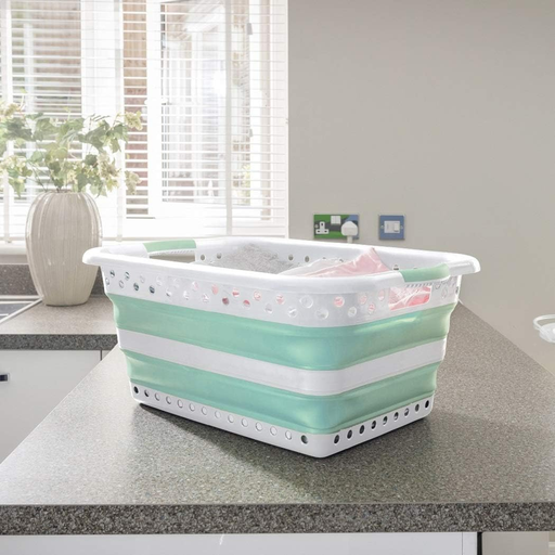 Addis 45L Collapsible Laundry Basket - White & Aqua Haze