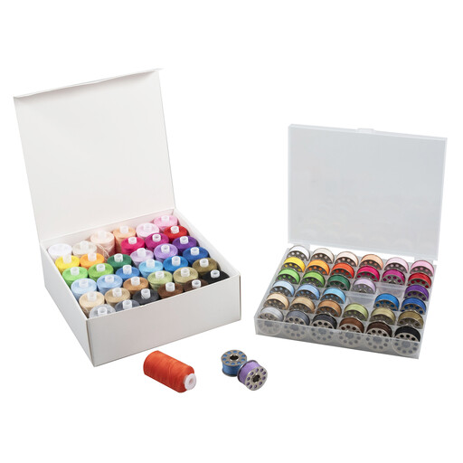 Trimits Sewing Thread & Bobbin Set in assorted colours, organised in a clear plastic case