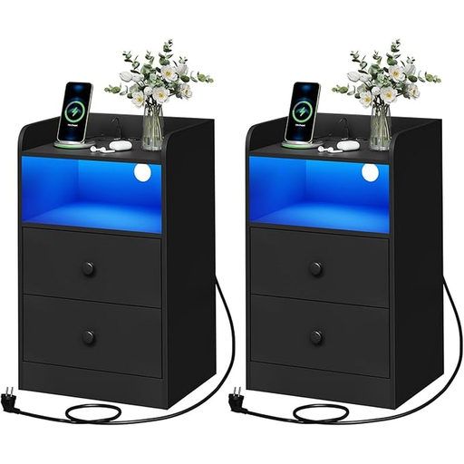 WOLTU 床头柜两件套,黑色,集成充电站与 LED 灯
