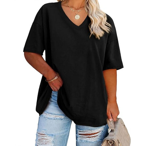 Women's Plus Size V-Neck T Shirts Summer Half Sleeve Oversized Tees Casual Loose Fit Tunic Tops (Black, XXL)