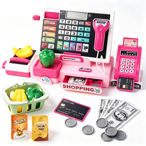 Cash register toy set with scanner and play money