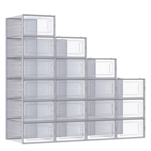 Ochama Set of 18 Stackable Shoe organisers, Foldable Storage Boxes for Sneakers, Transparent and Grey