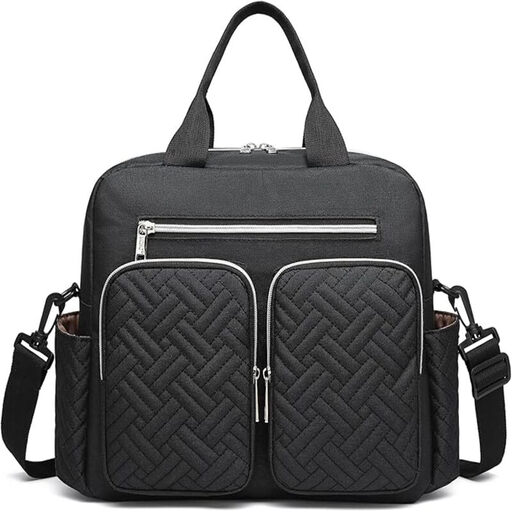 A black convertible messenger bag with multiple pockets and a shoulder strap.