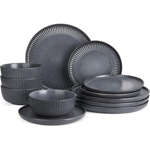 Richmount Starlight 12-Pc Textured Rim Dish Set for 4, Matt Grey