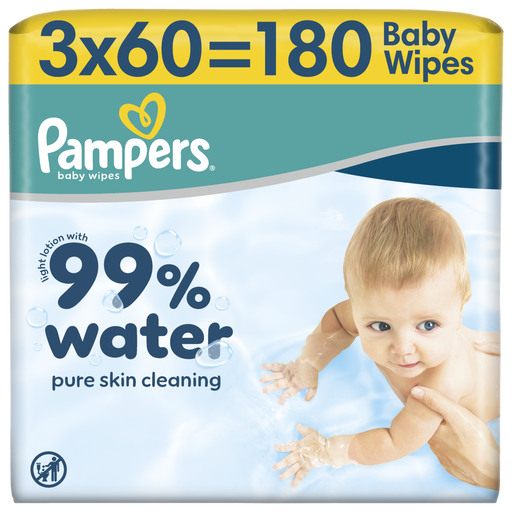 Pampers 99% Water Baby Wipes, 3 Packs of 60 Wipes = 180 Wipes, Gentle Lotion with 99% Water