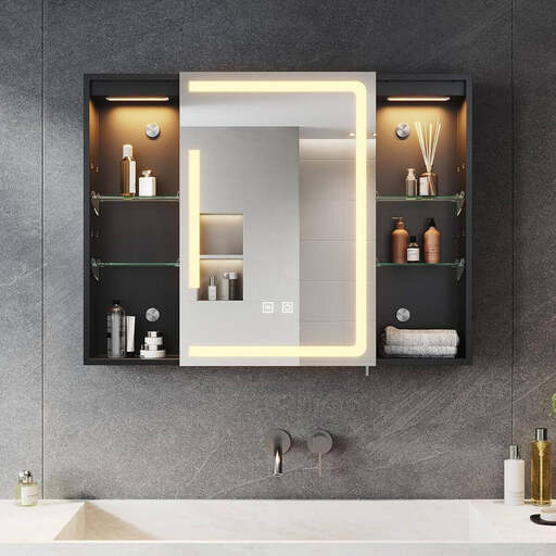 SONNI Bathroom Mirror Cabinet with Lighting and Storage, 80 x 60 cm