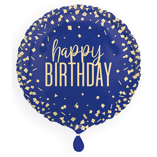 A round navy blue foil balloon with a multi-coloured confetti design