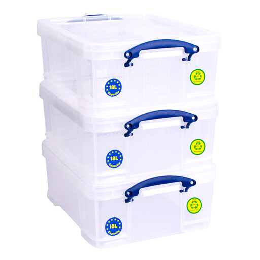 Really Useful Stackable Plastic Storage Box 18L Clear Pack of 3