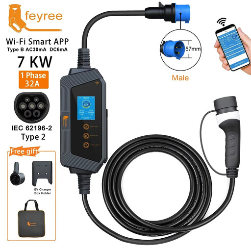 feyree EV charger Type2 32A 7kW Fast Charging Smart APP Wi-Fi Control Portable Charging Box with holder for Electric Car Charger