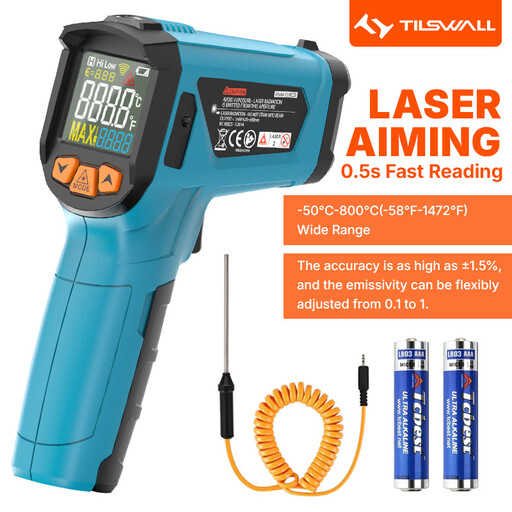 Tilswall Infrared Thermometer (Not for People) -50°C to 800°C Tilswall IR Digital Laser Temperature Meter with Cooking LCD Display for Cooking/Barbecue/Pizza Oven/Freezer/Industry