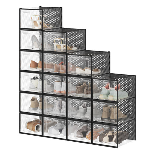 JOYFURNOS Shoe Boxes Set of 18, Clear Stackable Plastic Storage Organiser, Black