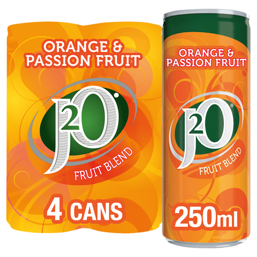 J2O Orange & Passion Fruit Blend, four 250ml cans