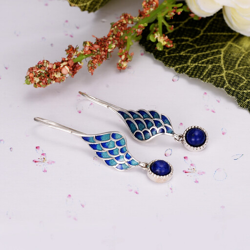 Ever Faith Enamel Lapis Lazuli Angel Wing Drop Dangle Hook Earrings
