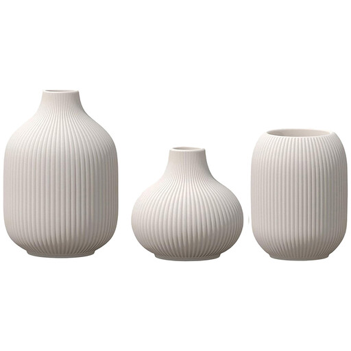 Beige Ceramic Vase Set with Ribbed Texture, 3-piece