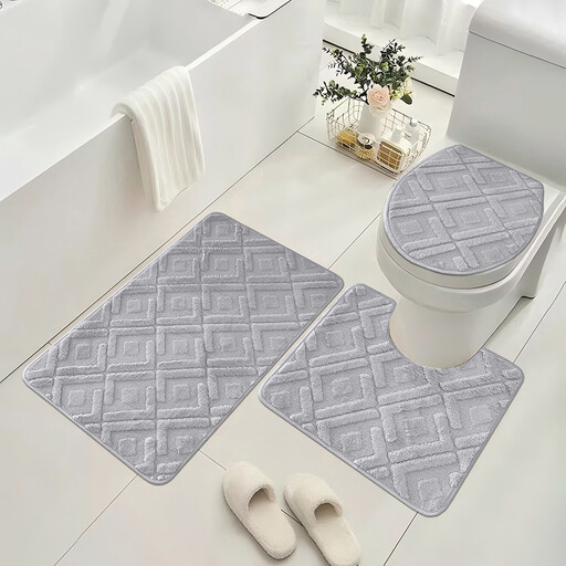 Bathroom Set 3 Piece Non-Slip Absorbent Bath Mats with grey meander pattern