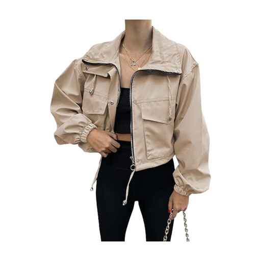 Women's Cropped Jacket Zip Up Lightweight Oversized Utility Anorak Coat with Pockets (Khaki, S)