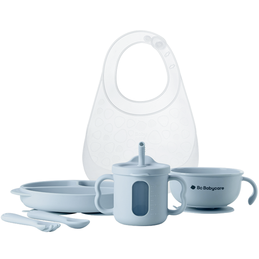 Bc Babycare Silicone Baby Feeding Set in blue, showing a bowl, plate, cup, bib and utensils