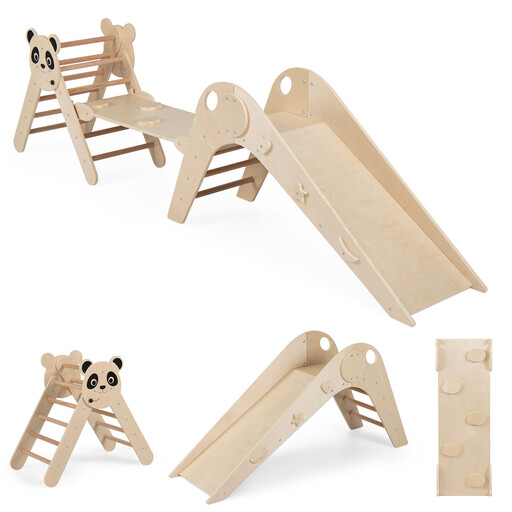 Triangle Foldable Climbing Toy for Kids, Panda-Themed Wooden Montessori Climbing Set - Natural Wood Color