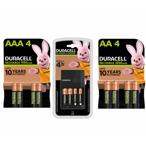 Duracell charger with four 2500mAh AA and four 900mAh AAA rechargeable batteries