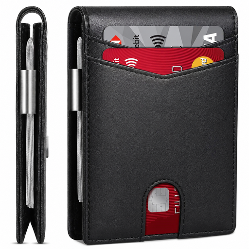 Men's Slim Wallet with RFID Protection, 11 Card Slots, ID Window, Bill Clip & Coin Pocket, Mini Wallet Made of Carbon Fiber Leather black