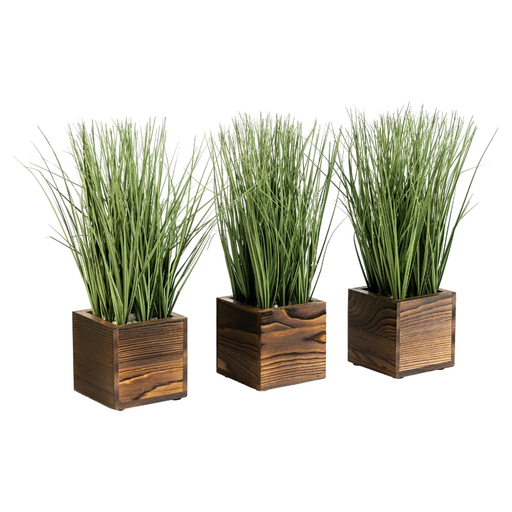 MyGift Artificial Green Grass Plants Trio in Rustic Burnt Solid Wood Planter Boxes