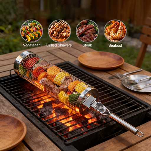 Huacan Circular Rolling Barbecue Cage, Detachable Stainless Steel Barbecue Net