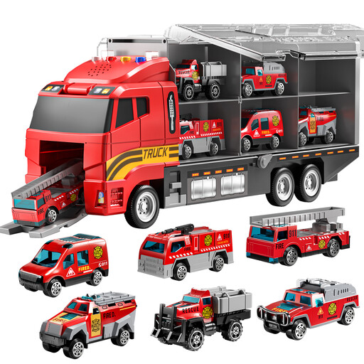 Fire Truck Vehicle Set with Play Mat and Die-Cast Toy Car, Transport Carrier Truck for Children Aged 3–5, Birthday Gifts for Boys Aged 3–8+