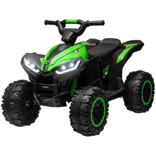 A green and white kids electric quad bike