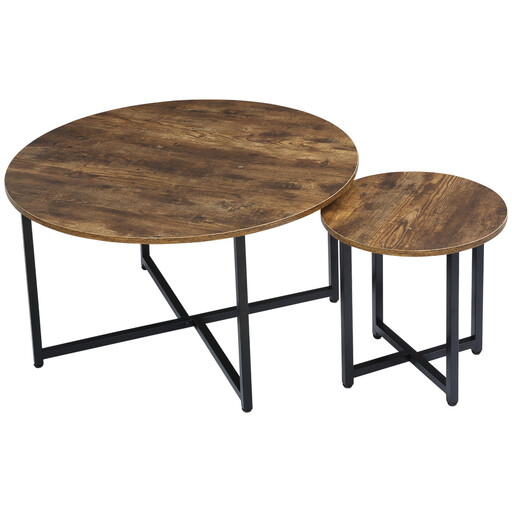 HOMCOM Nesting Coffee Tables with rustic brown tops and black metal frames