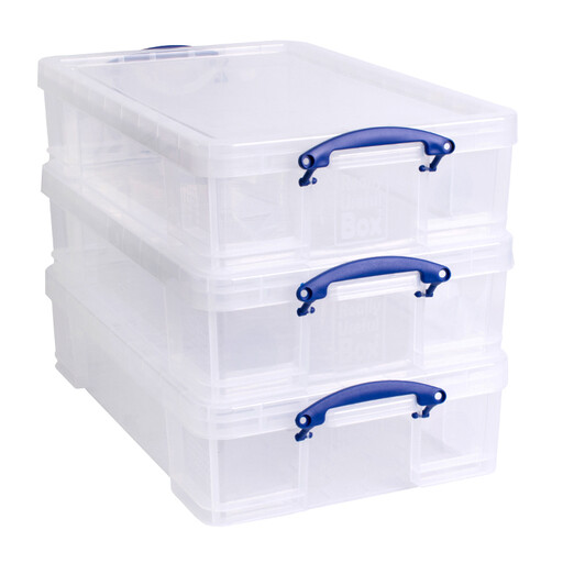 A pack of three 33L clear plastic storage boxes with blue handles