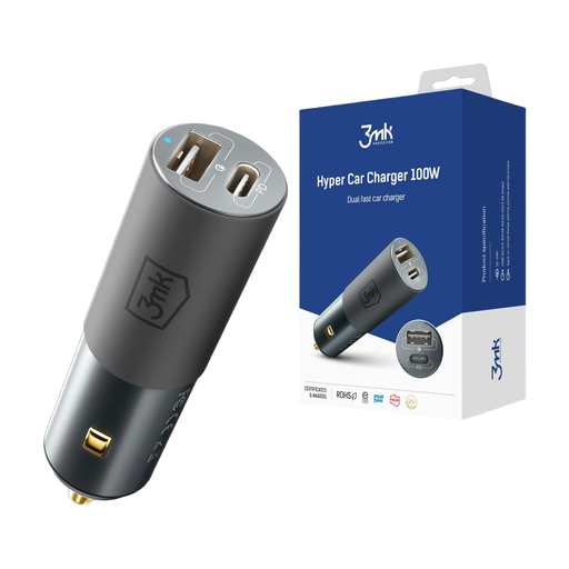 3mk Hyper Car Charger USB-C USB-A 100W - silver