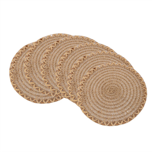 A set of six round jute placemats featuring a unique patchwork and wave-shaped woven pattern in natural tones.
