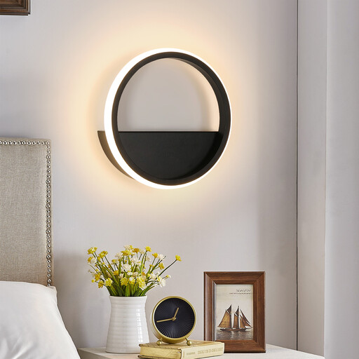 Pheashine LED Indoor Wall Light 12W Round Modern Aluminium Wall Lamp ?20CM 3000K Warm White for Living Room Bedroom Hallway Staircase Black