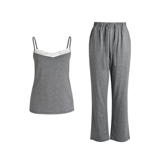 IZURIA white wide lace v-neck black knitted camisole and knitted pants set