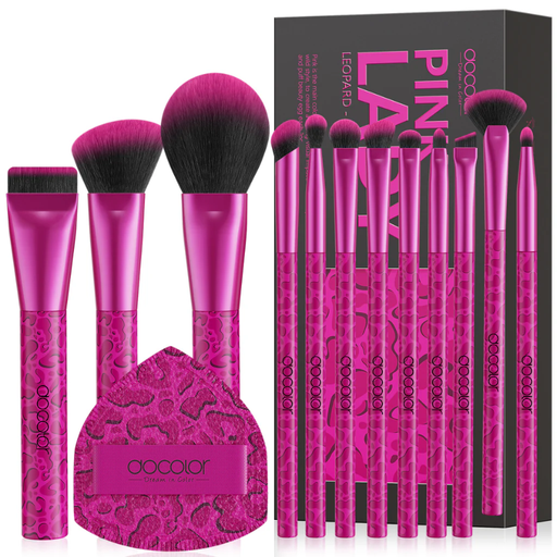 docolor 12-Piece Makeup Brush Fuchsia Leopard Print Gift Box