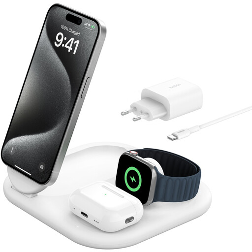 Belkin QI2 3-in-1 Magnetic Wireless Charging Stand, White
