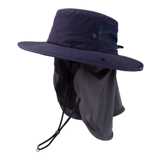 TOP-EX UV-protection fishing hat for men, with cooling neck flap, glasses attachment, wide brim, navy, size M/L