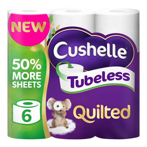 Cushelle Quilted Tubeless Toilet Tissue, 3-Ply, 6 Rolls