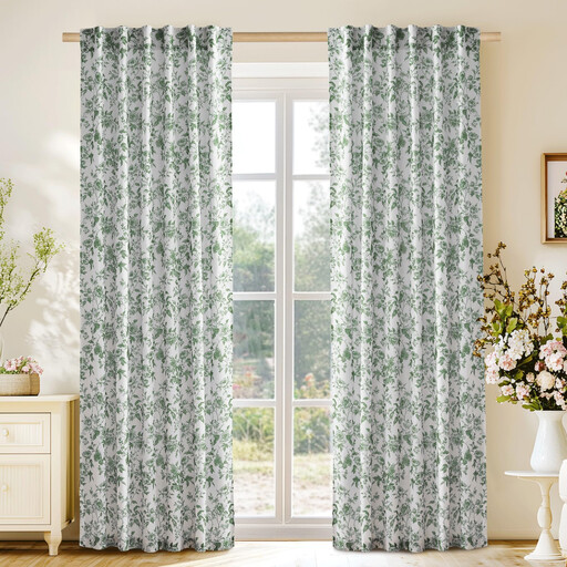 PONY DANCE Floral Curtains for Living Room, Linen Blend Sheer Drapes with Organic Botanical Peony Print, Light Filtering Privacy & Nature-Inspired Modern Home Decor, 2 Panels, W132 x L220 cm, Sage Green
